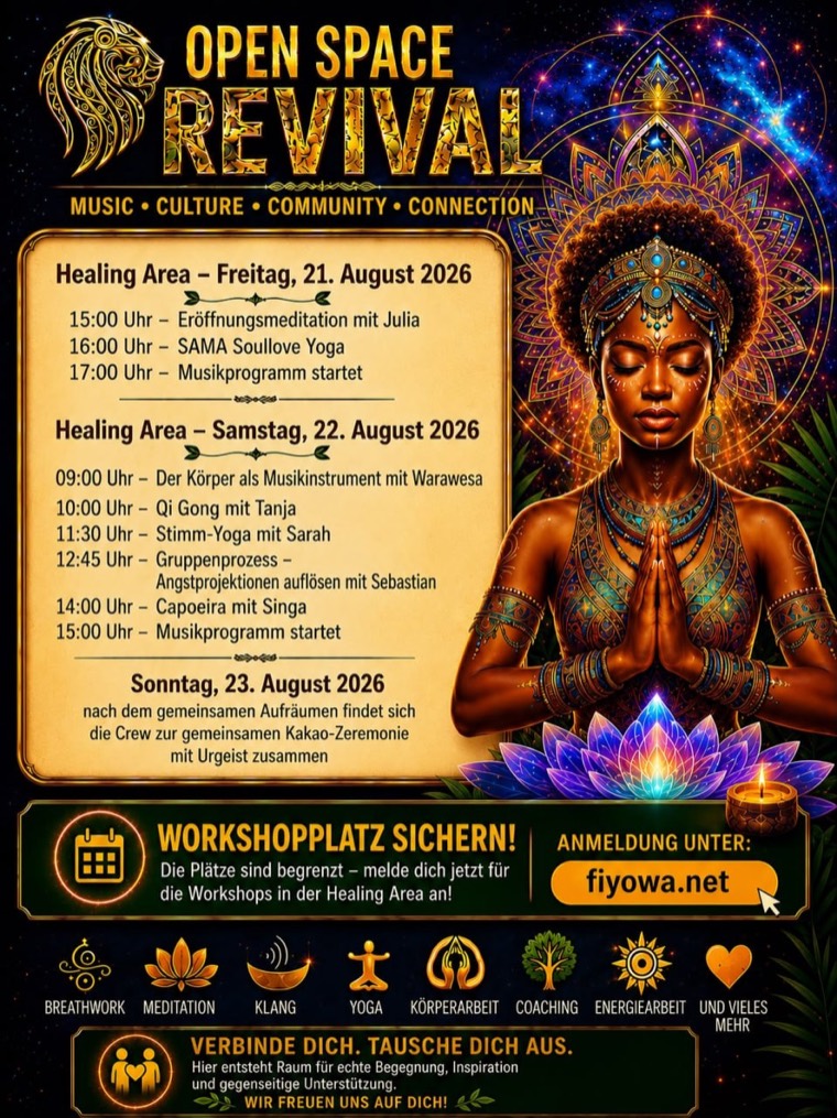 Open Space Revival Healing Area mit Workshop-Zeiten für Freitag, Samstag und Sonntag.